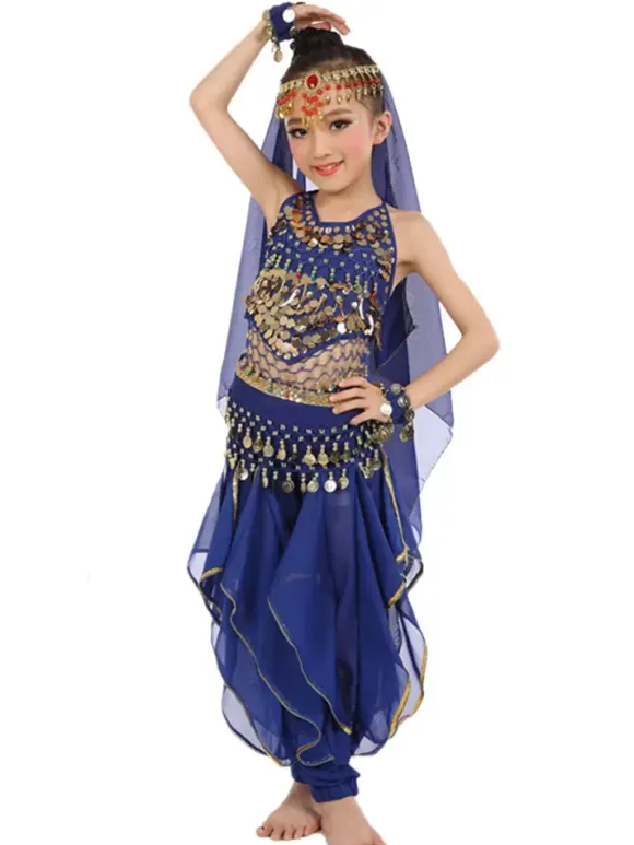 Belly Dance Costume Kids Yellow Chiffon Bollywood Indian Dancing Costumes