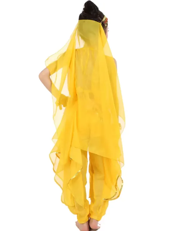 Belly Dance Costume Kids Yellow Chiffon Bollywood Indian Dancing Costumes