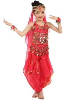 Belly Dance Costume Kids Yellow Chiffon Bollywood Indian Dancing Costumes