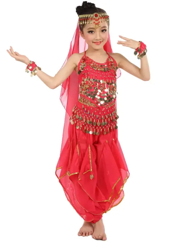 Belly Dance Costume Kids Yellow Chiffon Bollywood Indian Dancing Costumes