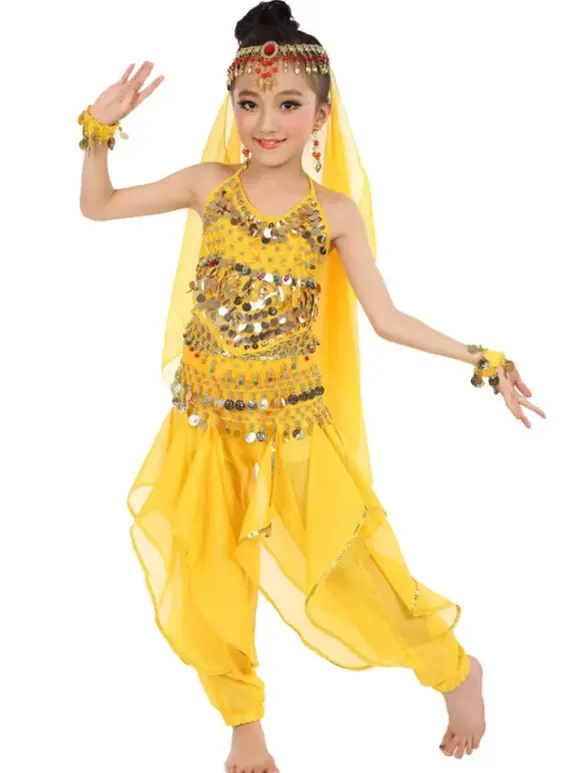 Belly Dance Costume Kids Yellow Chiffon Bollywood Indian Dancing Costumes