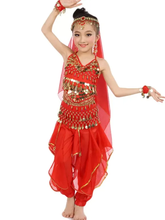 Belly Dance Costume Kids Yellow Chiffon Bollywood Indian Dancing Costumes