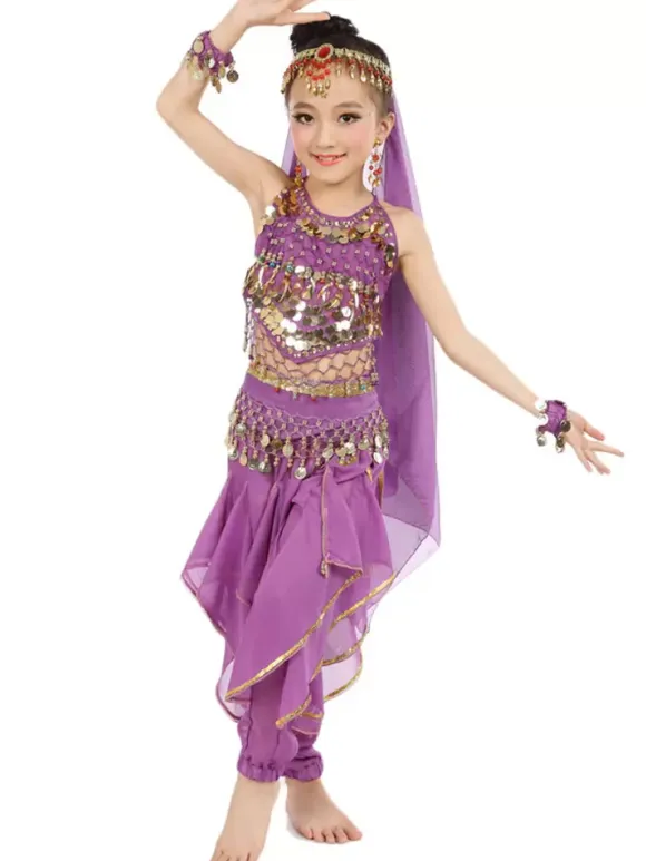 Belly Dance Costume Kids Yellow Chiffon Bollywood Indian Dancing Costumes