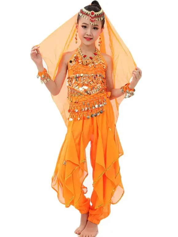 Belly Dance Costume Kids Yellow Chiffon Bollywood Indian Dancing Costumes