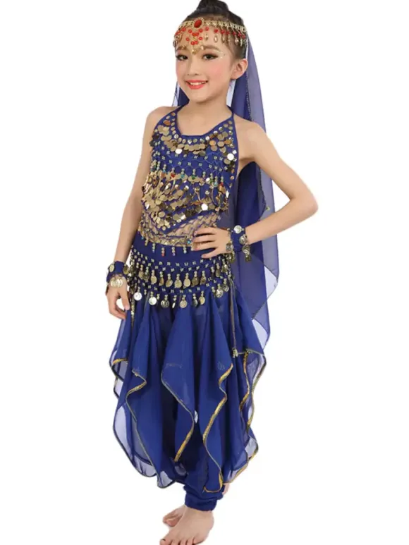 Belly Dance Costume Kids Yellow Chiffon Bollywood Indian Dancing Costumes