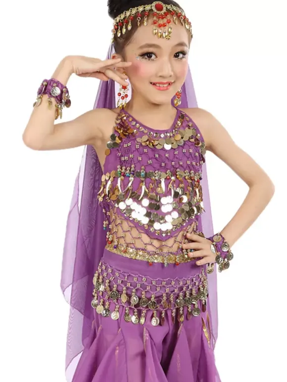 Belly Dance Costume Kids Yellow Chiffon Bollywood Indian Dancing Costumes