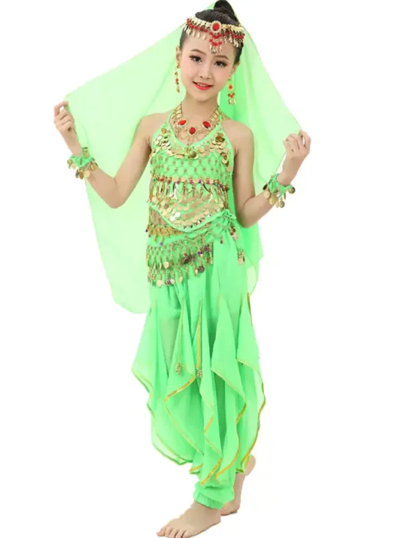 Belly Dance Costume Kids Yellow Chiffon Bollywood Indian Dancing Costumes