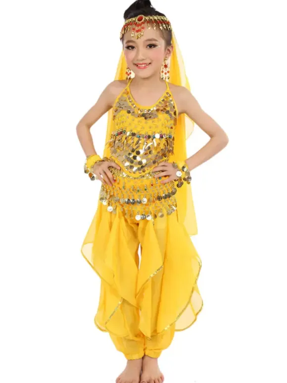 Belly Dance Costume Kids Yellow Chiffon Bollywood Indian Dancing Costumes