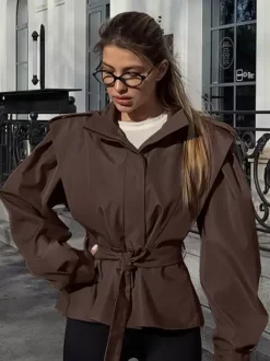 Belted Trench Jacket For Women - Chic High Neck Epaulette Design Slim Fit Peplum - Quiet Luxury Spring Streetwear 2026