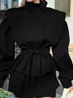 Belted Trench Jacket For Women - Chic High Neck Epaulette Design Slim Fit Peplum - Quiet Luxury Spring Streetwear 2026