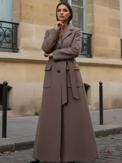 Belted Full Length Maxi Woolen Coat With Lapel And Big Pockets For Women 2026