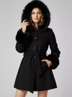 Belted Wool Blend Hooded Coat with black Faux fur cuffs For Women 2026