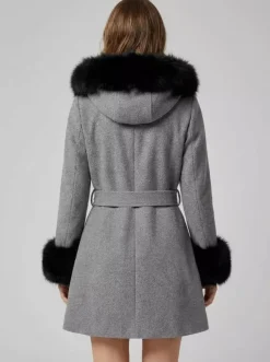 Belted Wool Blend Hooded Coat with black Faux fur cuffs For Women 2026