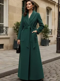 Belted Woolen Full-Length Maxi Coat With Wide Shawl Collar For Women 2026