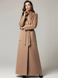 Belted Woolen Full-Length Maxi Coat With Wide Shawl Collar For Women 2026