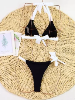 Bikinis Two-Tone Halter Triangle Sexy Thong Beach 2 Pieces Set