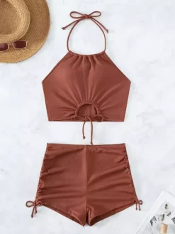 Bikini Swimsuit For Women Brown Lace Up Summer Beach Swimwear