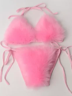 Bikini Swimsuit For Women Rose Faux Fur Summer Sexy Swimming Suits