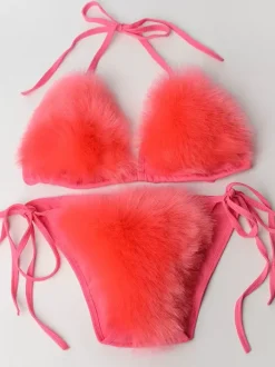 Bikini Swimsuit For Women Rose Faux Fur Summer Sexy Swimming Suits