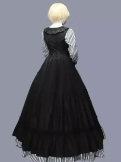 Black Retro Tudor Dress Costumes Ruffles Polyester Stripes Dress Women's Retro Tunic Marie Antoinette Costume Vintage Clothing