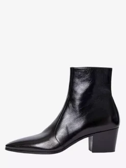 Black Ankle Boots Cowhide Pointed Toe Chunky Heel Dress Shoes