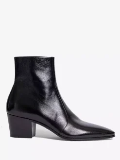 Black Ankle Boots Cowhide Pointed Toe Chunky Heel Dress Shoes
