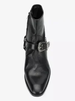 Black Ankle Boots Men's Round Toe Buckle Detail Chunky Heel Moto Boots