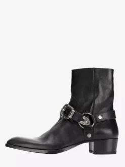 Black Ankle Boots Men's Round Toe Buckle Detail Chunky Heel Moto Boots