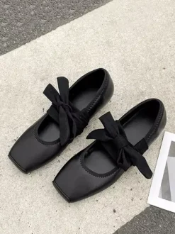 Black Ballerina Flats Square Toe Lace Up Ballet Flat Shoes For Women
