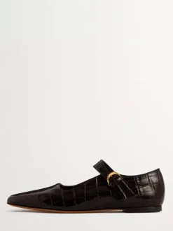 Black Ballet Flats Cowhide Square Toe Stone Pattern Mary Jane Ballerina Flat Shoes
