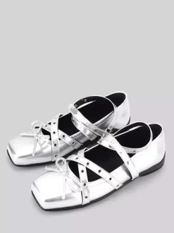 Black Ballet Flats Women's Square Toe Chukle Detail Criss Cross Casual Shoes