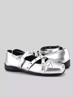 Black Ballet Flats Women's Square Toe Chukle Detail Criss Cross Casual Shoes