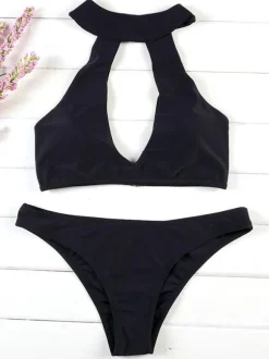 Black Bikini Keyhole Halter Two Piece Swimsuit