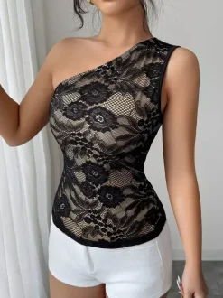 Black Cami Top Notched Neckline Floral Print Lace Casual Nylon Camis For Women