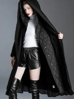 Black Down Coat Hooded Belted Long Winter Outerwear For Women