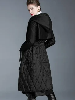 Black Down Coat Hooded Belted Long Winter Outerwear For Women