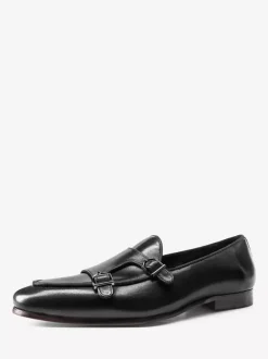 Black Dress Shoes For Men Genuine Leather Round Toe Slip On Monk Loafers