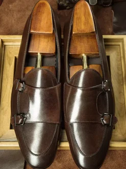 Black Dress Shoes For Men Genuine Leather Round Toe Slip On Monk Loafers