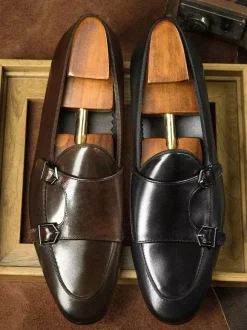 Black Dress Shoes For Men Genuine Leather Round Toe Slip On Monk Loafers