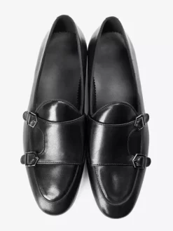 Black Dress Shoes For Men Genuine Leather Round Toe Slip On Monk Loafers
