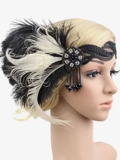 Black Flapper Headband The Great Gatsby 1920s Fashion Costume Feather Headpieces Women's Vintage Accessories