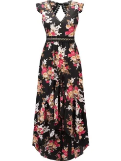 Black Floral Boho Maxi Dress for Women - High Low Hem Open Back Crochet Waist Long Dress - Summer Date Night Outfits 2026