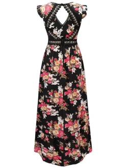 Black Floral Boho Maxi Dress for Women - High Low Hem Open Back Crochet Waist Long Dress - Summer Date Night Outfits 2026