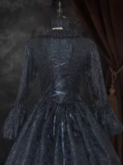 Black Gold Retro Tudor Dress Costumes Women's Floral Print Marie Antoinette Costume Lace Up Satin Fabric Set Dress Choker Gothic 18th Century Costume