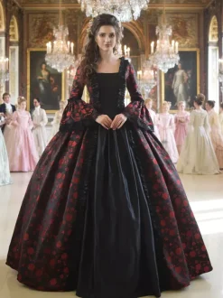 Black Gold Retro Tudor Dress Costumes Women's Marie Antoinette Costume Floral Print Lace Up Satin Fabric Set Choker Gothic 18th Century Costume