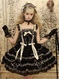 Black Gothic Lolita Dresses Ruffles JSK Lace Up Lolita Short Dress With Headwear