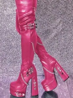 Black Gothic Thigh High Boots Women Platform Metal Detail High Heel Over The Knee Boots