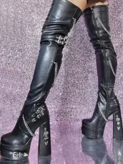 Black Gothic Thigh High Boots Women Platform Metal Detail High Heel Over The Knee Boots