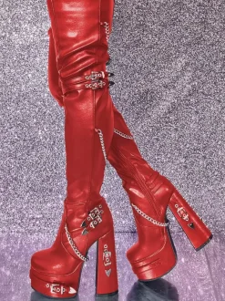 Black Gothic Thigh High Boots Women Platform Metal Detail High Heel Over The Knee Boots