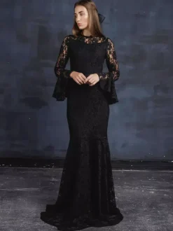 Black Gothic Wedding Dresses 2026 Mermaid Long Sleeves Sash Lace With Train Bridal Gown Free Customization
